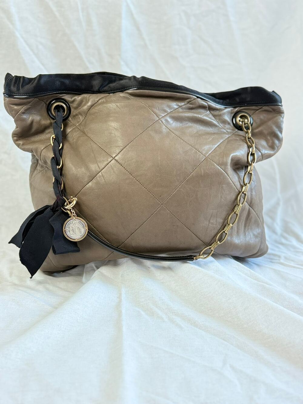 Lanvin Happy Quilted Lambskin Leather Tote Bag Taupe Gray Gold Chain Italy